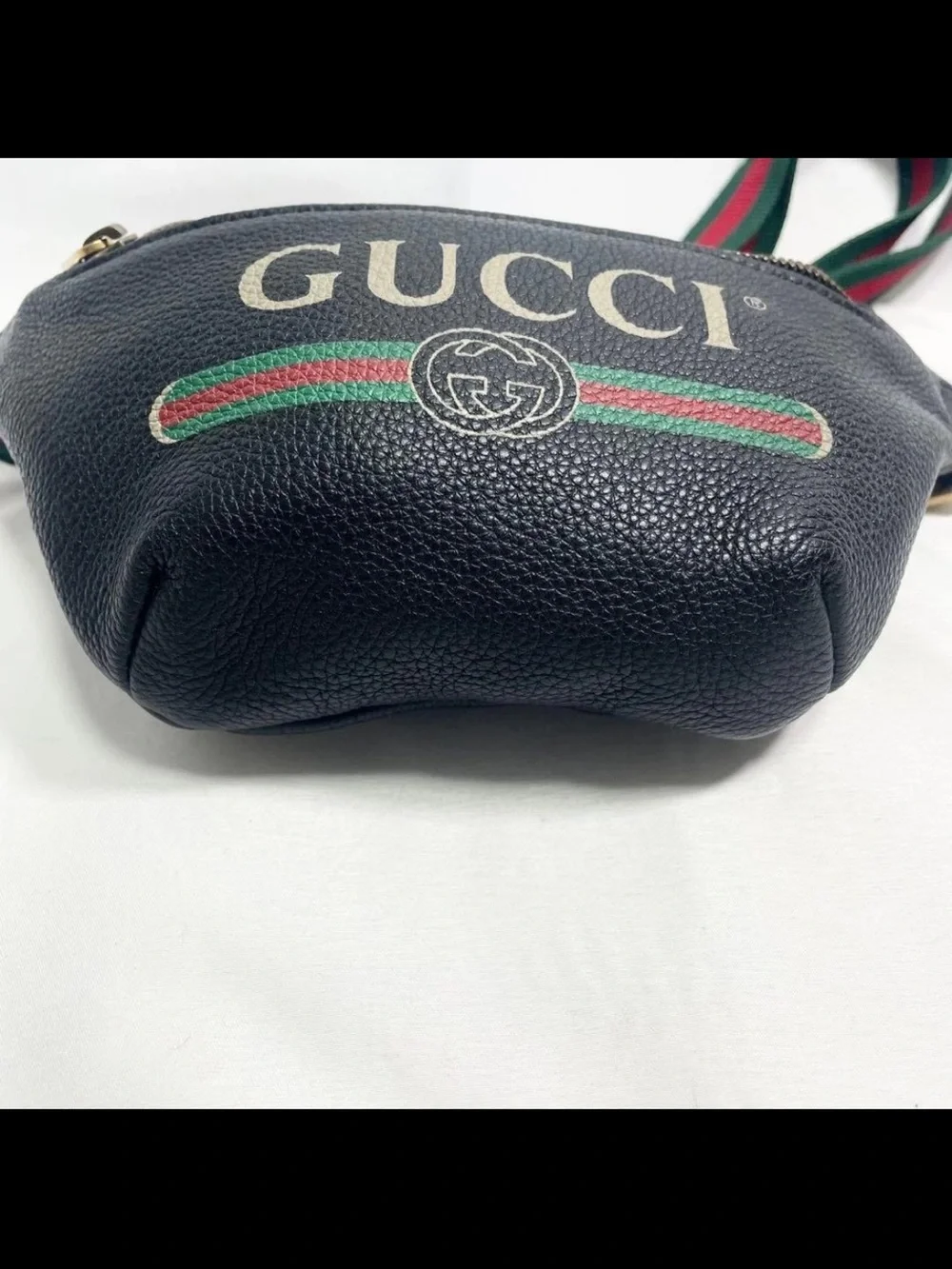 Gucci Black Leather Belt Bag with Green-Red Web Stripe